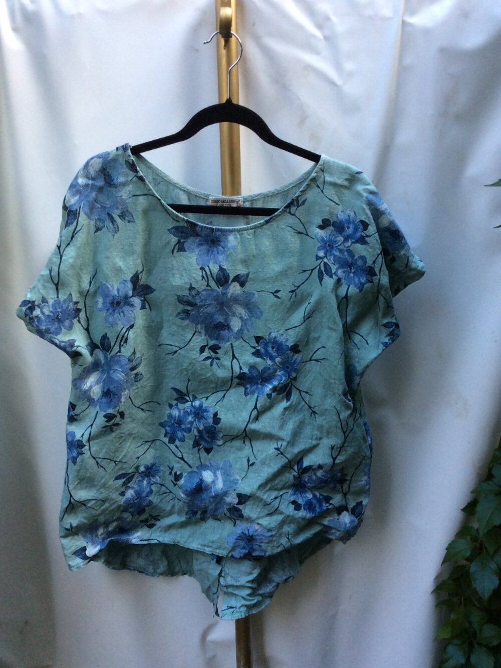 Terzo Millennio Made in Italy Floral Linen Short Sleeve Blouse L Blue Sage